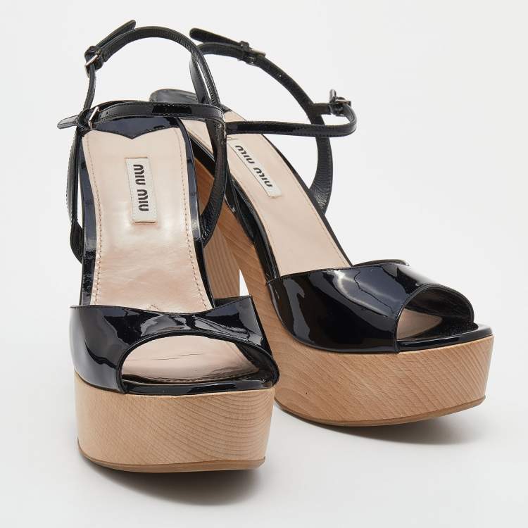 Pre Owned Miu Miu Black Patent Leather Embellished Heel Platform Ankle Strap Sandals Size 39.5