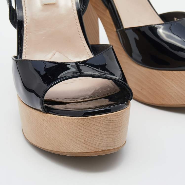 Pre Owned Miu Miu Black Patent Leather Embellished Heel Platform Ankle Strap Sandals Size 39.5