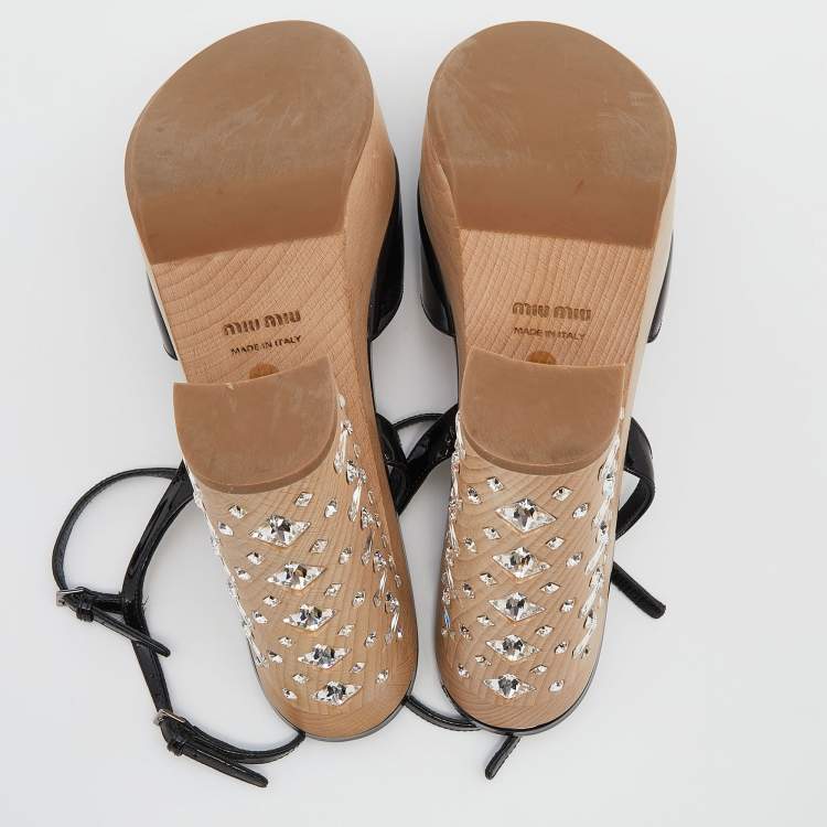 Pre Owned Miu Miu Black Patent Leather Embellished Heel Platform Ankle Strap Sandals Size 39.5