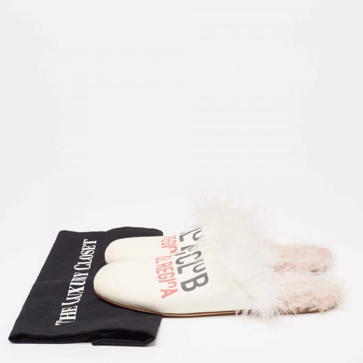 Pre Owned Miu Miu White Canvas And Fur Mule Flats Size 37