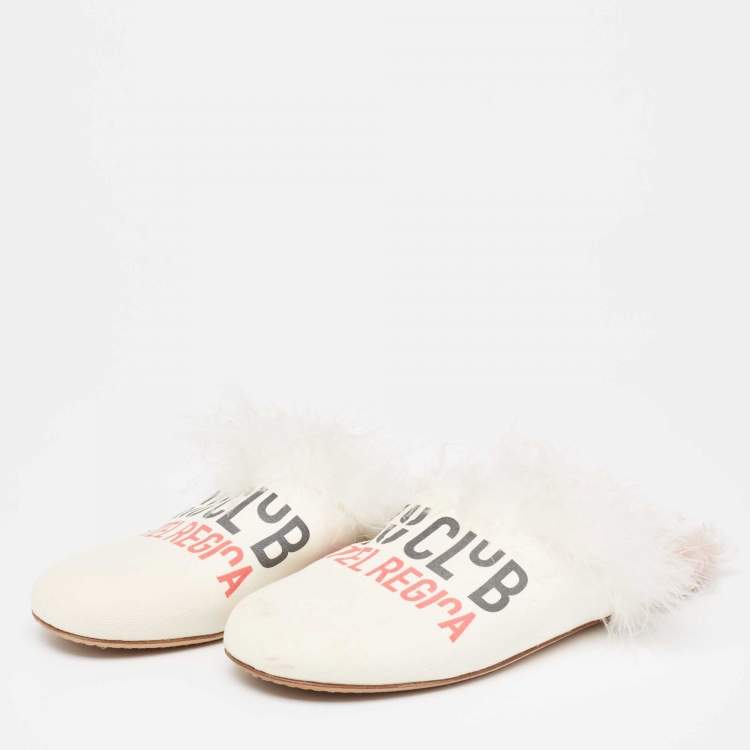 Pre Owned Miu Miu White Canvas And Fur Mule Flats Size 37