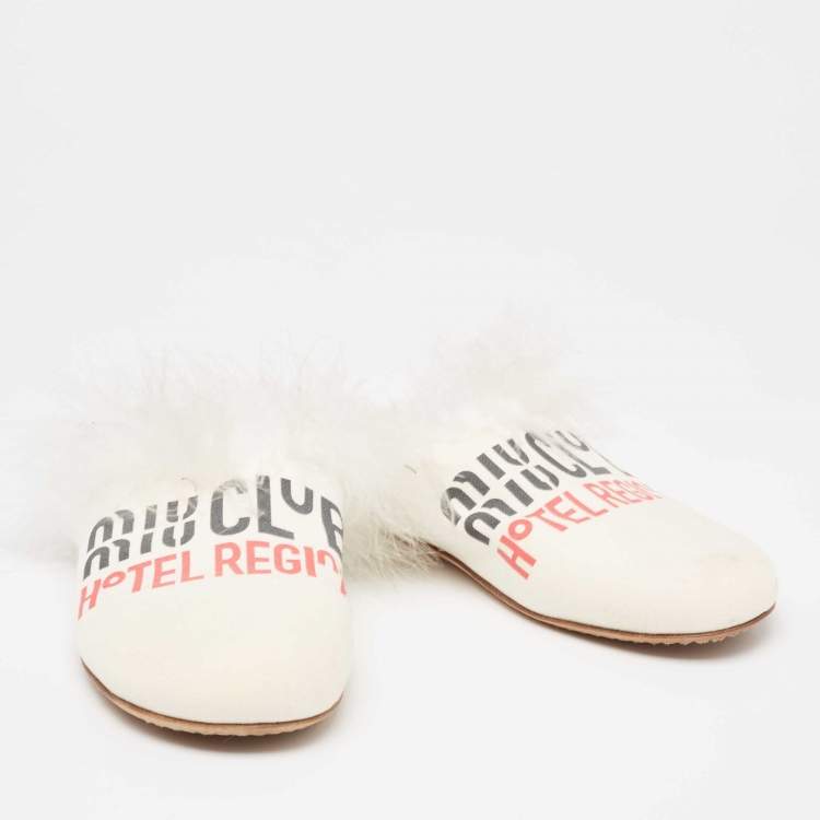 Pre Owned Miu Miu White Canvas And Fur Mule Flats Size 37
