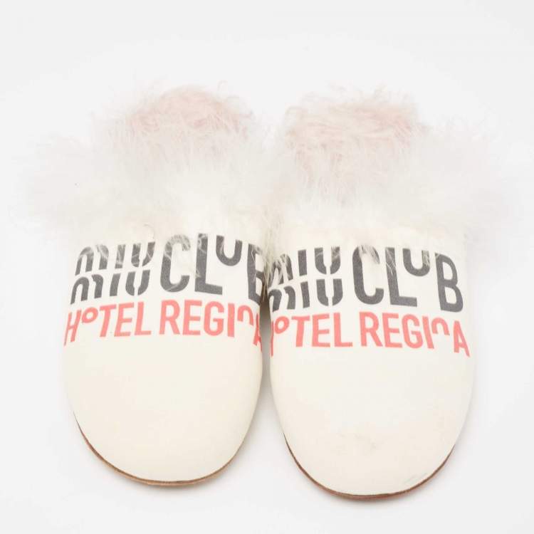 Pre Owned Miu Miu White Canvas And Fur Mule Flats Size 37