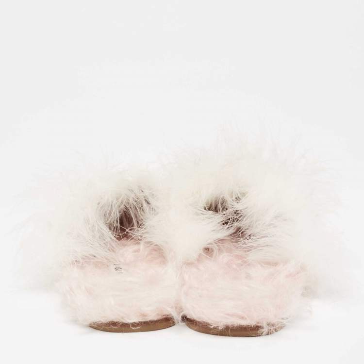 Pre Owned Miu Miu White Canvas And Fur Mule Flats Size 37