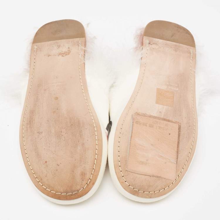 Pre Owned Miu Miu White Canvas And Fur Mule Flats Size 37