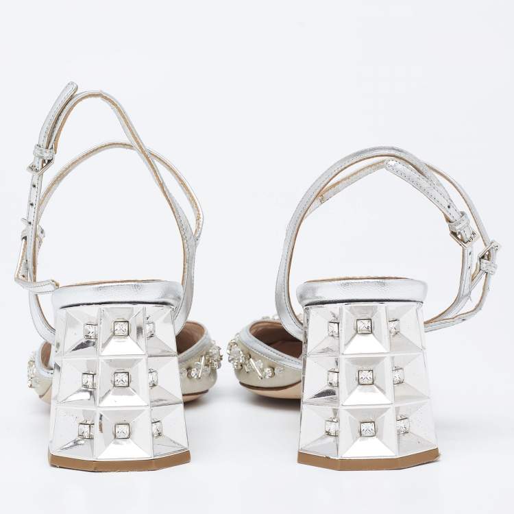 Pre Owned Miu Miu Silver/Grey Leather And Satin Crystal Embellished Block Heel Sandals Size 36