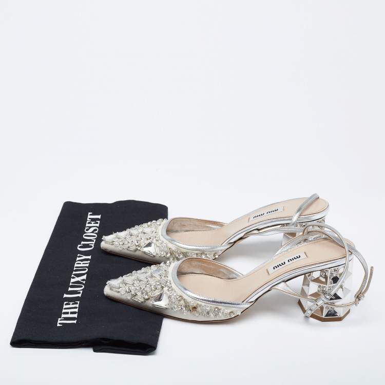 Pre Owned Miu Miu Silver/Grey Leather And Satin Crystal Embellished Block Heel Sandals Size 36