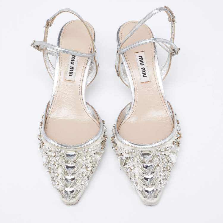 Pre Owned Miu Miu Silver/Grey Leather And Satin Crystal Embellished Block Heel Sandals Size 36