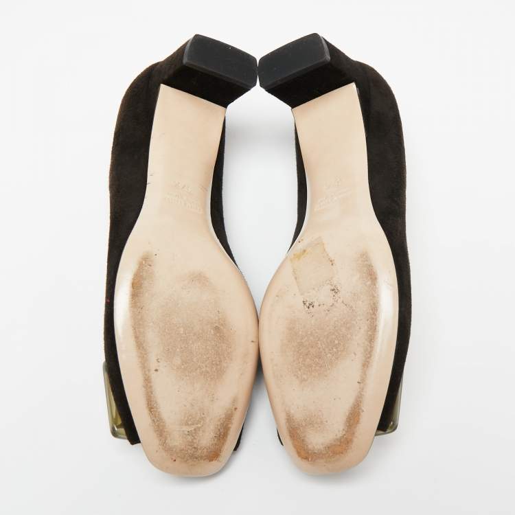 Pre Owned Miu Miu  Brown Suede Crystal Embellished Peep Toe Pumps Size 37.5