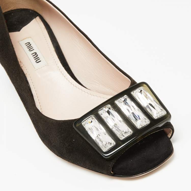 Pre Owned Miu Miu  Brown Suede Crystal Embellished Peep Toe Pumps Size 37.5