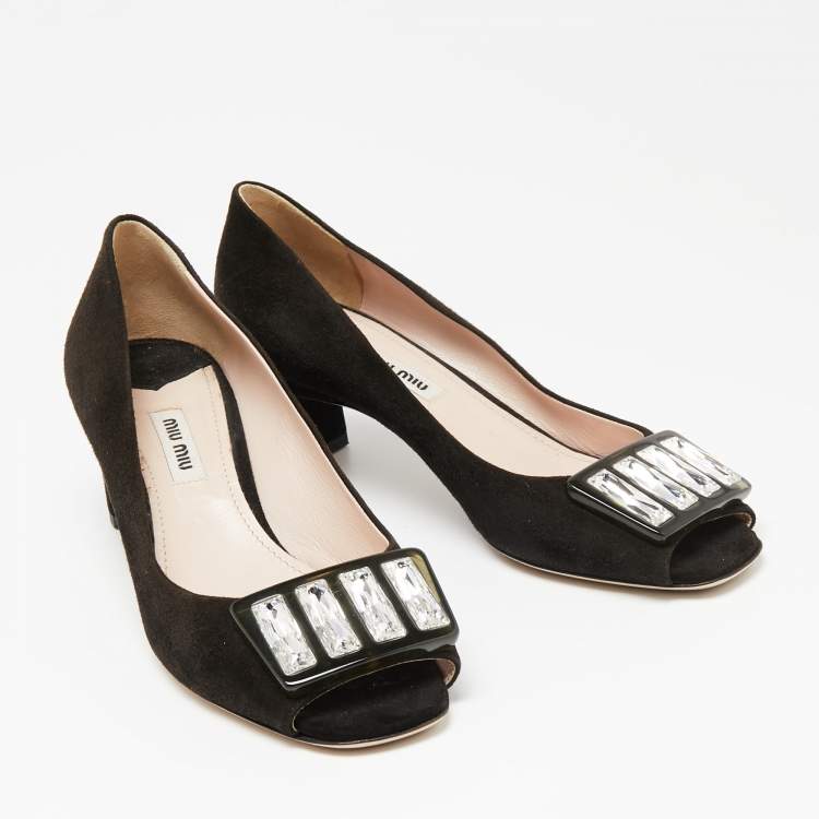 Pre Owned Miu Miu  Brown Suede Crystal Embellished Peep Toe Pumps Size 37.5