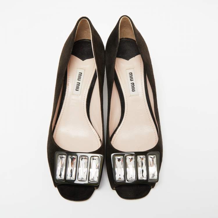 Pre Owned Miu Miu  Brown Suede Crystal Embellished Peep Toe Pumps Size 37.5