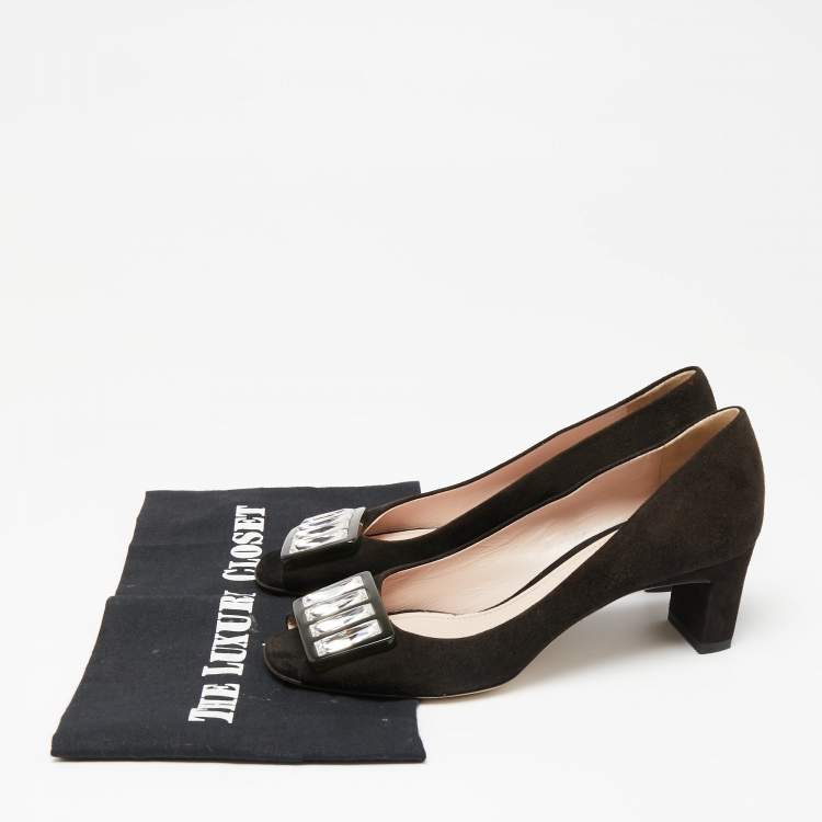 Pre Owned Miu Miu  Brown Suede Crystal Embellished Peep Toe Pumps Size 37.5