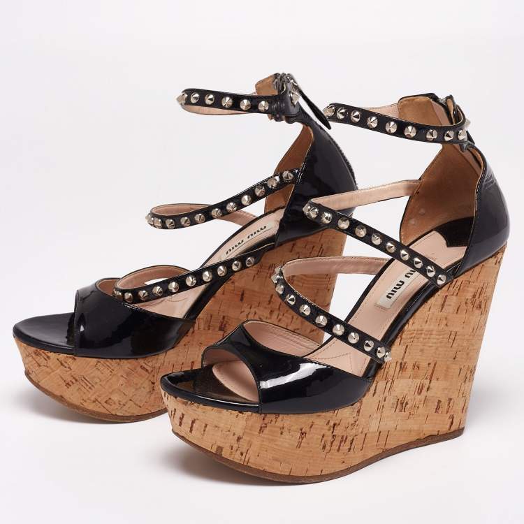 Pre Owned Miu Miu Black Patent Leather Cork Wedge Platform Sandals Size 36