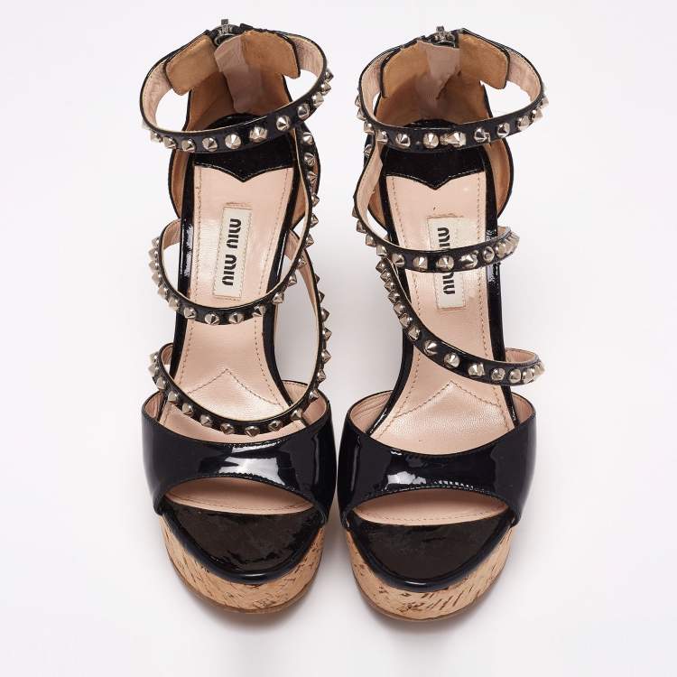 Pre Owned Miu Miu Black Patent Leather Cork Wedge Platform Sandals Size 36