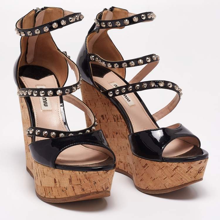 Pre Owned Miu Miu Black Patent Leather Cork Wedge Platform Sandals Size 36