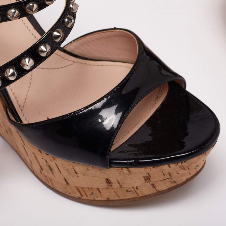 Pre Owned Miu Miu Black Patent Leather Cork Wedge Platform Sandals Size 36
