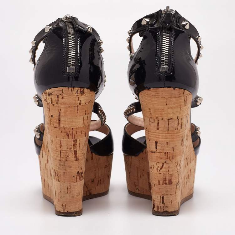 Pre Owned Miu Miu Black Patent Leather Cork Wedge Platform Sandals Size 36