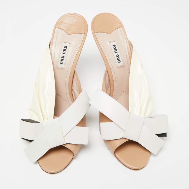 Pre Owned Miu Miu Tri-Color Ruched Patent and Leather Bow Open-Toe Mules Size 40