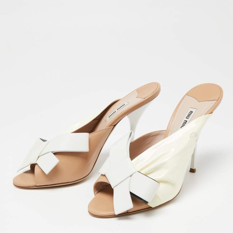 Pre Owned Miu Miu Tri-Color Ruched Patent and Leather Bow Open-Toe Mules Size 40