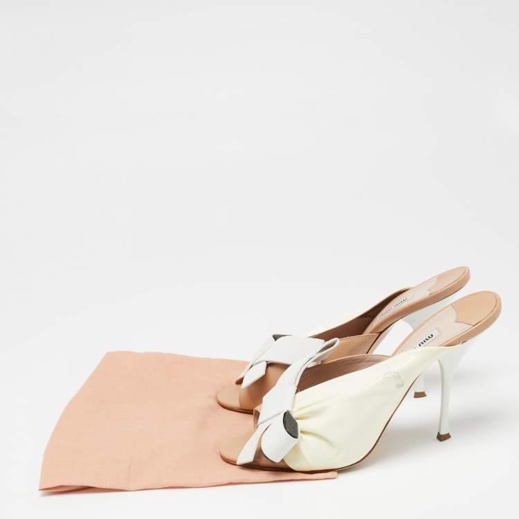 Pre Owned Miu Miu Tri-Color Ruched Patent and Leather Bow Open-Toe Mules Size 40