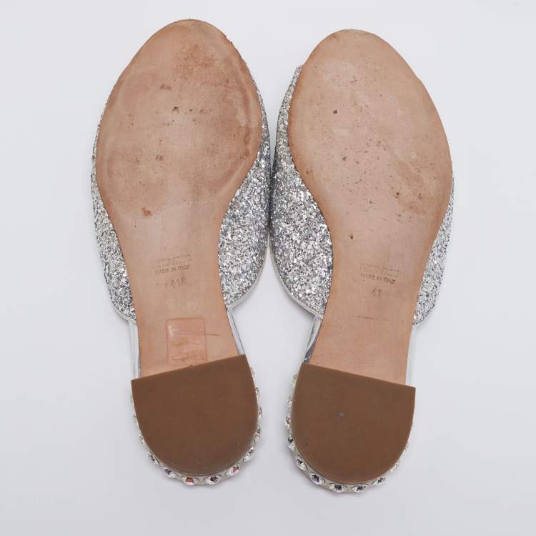 مملوكة مسبقًا Miu Miu Silver Coarse Glitter Embellished Slide Sandals Size 41