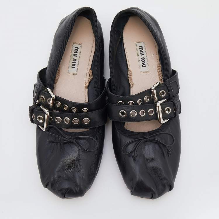Pre Owned Miu Miu Black Leather Buckle Ballet Flats Size 38