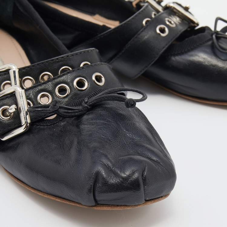 Pre Owned Miu Miu Black Leather Buckle Ballet Flats Size 38