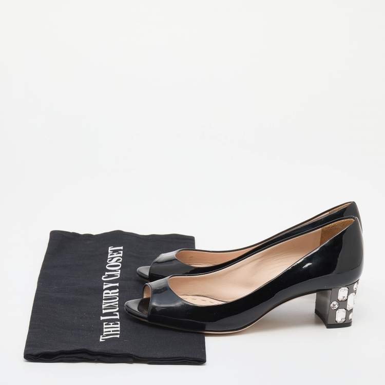 Pre Owned Miu Miu Black Patent Leather Crystal Embellished Block Heel Peep Toe Pumps Size 36
