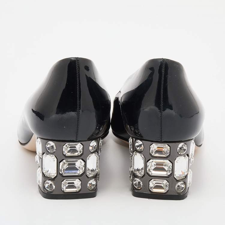 Pre Owned Miu Miu Black Patent Leather Crystal Embellished Block Heel Peep Toe Pumps Size 36