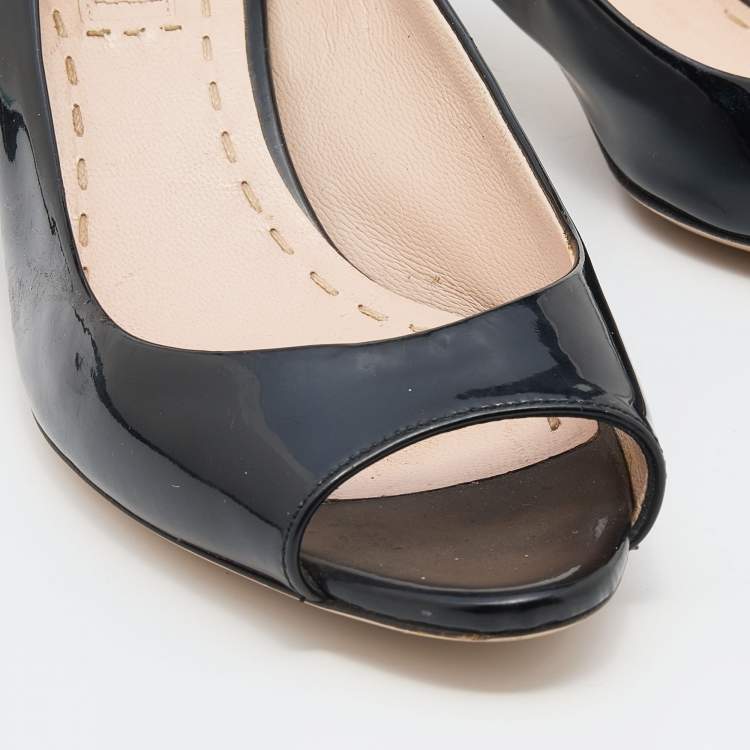 Pre Owned Miu Miu Black Patent Leather Crystal Embellished Block Heel Peep Toe Pumps Size 36