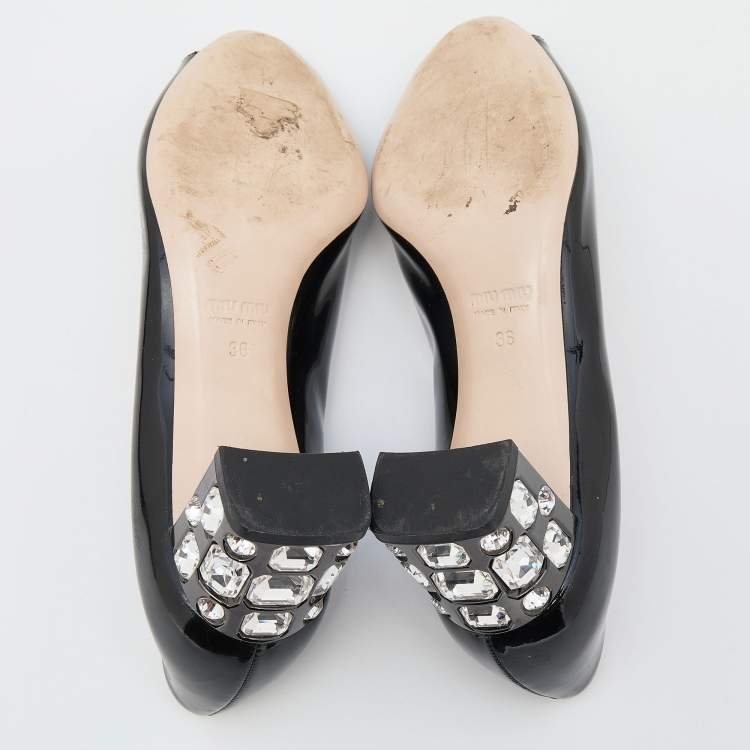 Pre Owned Miu Miu Black Patent Leather Crystal Embellished Block Heel Peep Toe Pumps Size 36