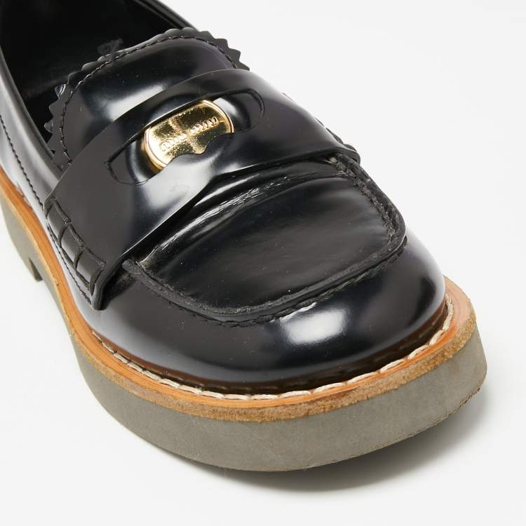 Pre Owned Miu Miu Black Leather Slip On Loafers  Size 36
