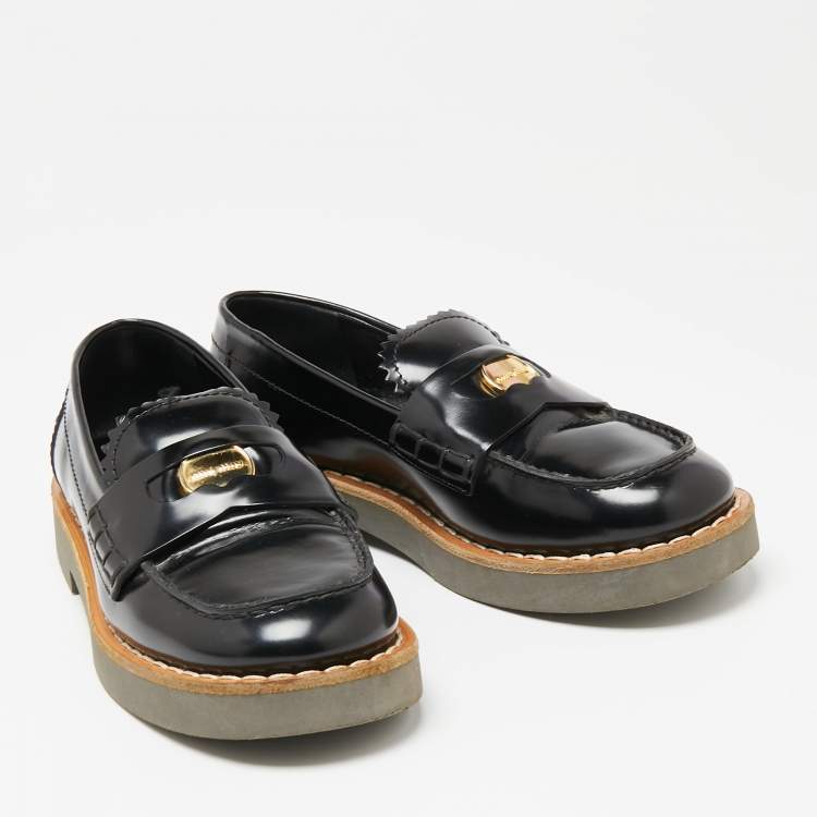 Pre Owned Miu Miu Black Leather Slip On Loafers  Size 36