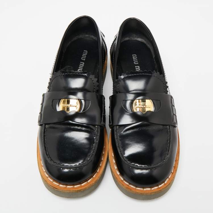 Pre Owned Miu Miu Black Leather Slip On Loafers  Size 36