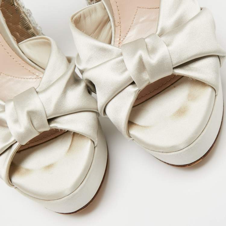 Pre Owned Miu Miu Grey Satin Crystal Embellished Heel Platform Ankle Strap Sandals Size 39.5