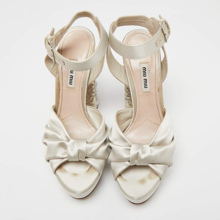 Pre Owned Miu Miu Grey Satin Crystal Embellished Heel Platform Ankle Strap Sandals Size 39.5