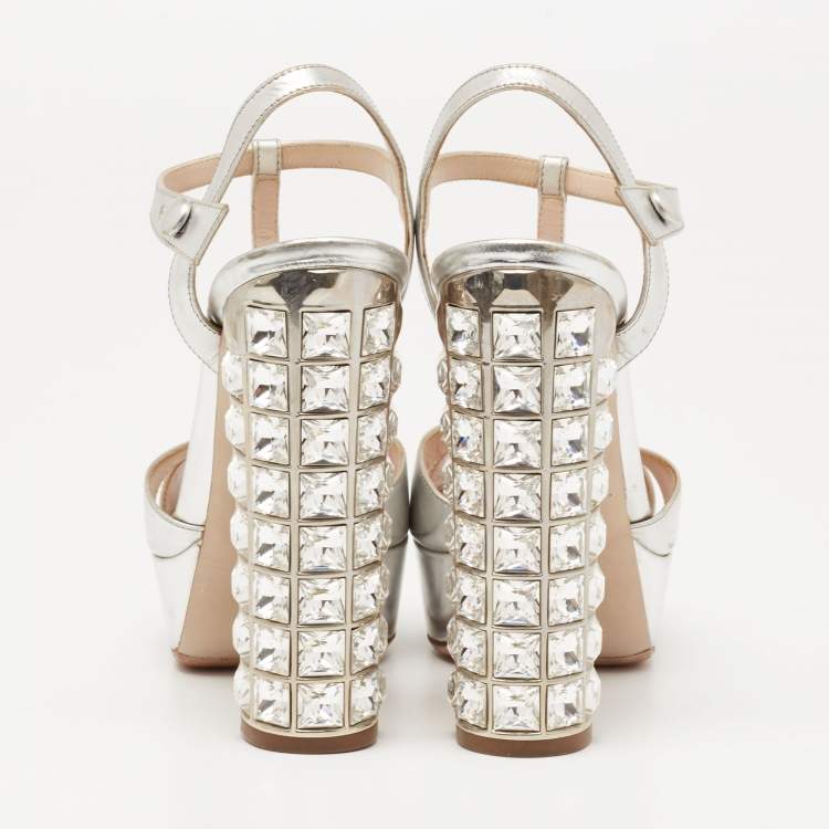 Pre Owned Miu Miu Silver Leather T-Strap Crystal Embellished Heel Platform Sandals Size 35.5