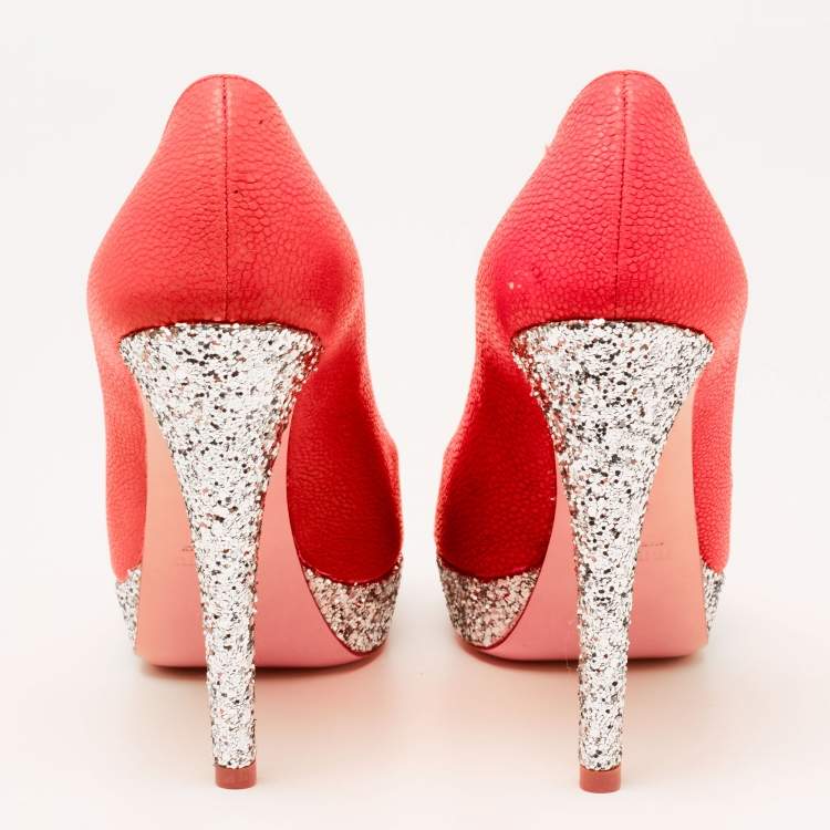Pre Owned Miu Miu Neon Pink Leather And Glitter Peep Toe Platform Pumps Size 38.5