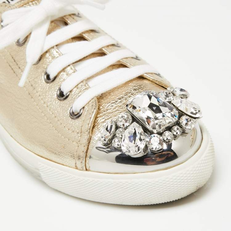 Pre Owned Miu Miu Gold Leather Crystal Embellished Cap Toe Sneakers Size 38.5 