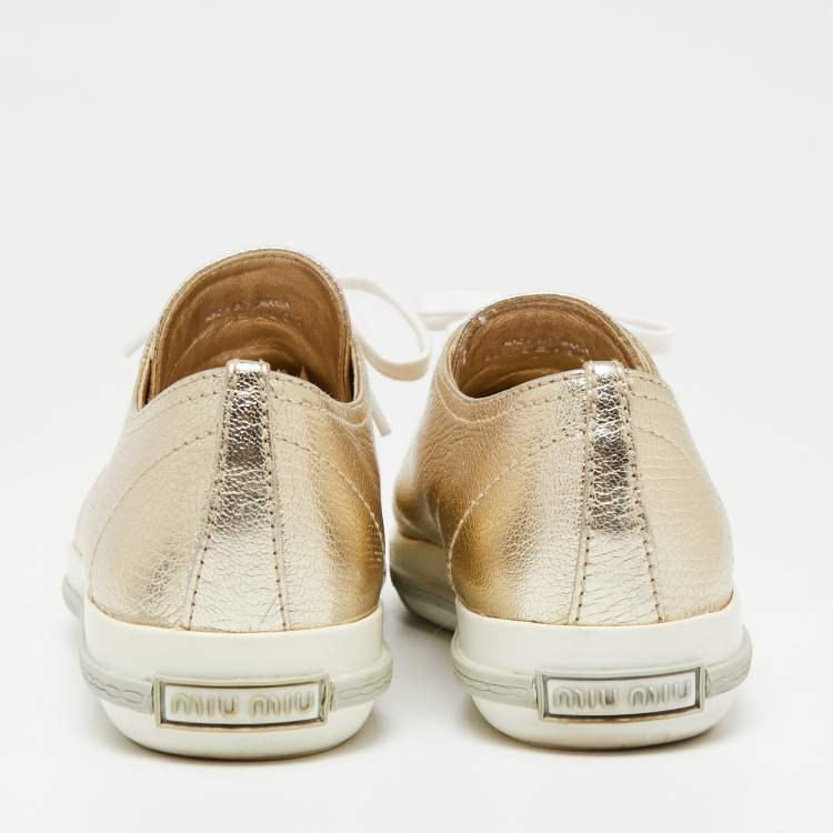Pre Owned Miu Miu Gold Leather Crystal Embellished Cap Toe Sneakers Size 38.5 