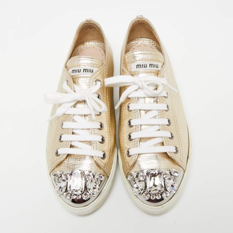 Pre Owned Miu Miu Gold Leather Crystal Embellished Cap Toe Sneakers Size 38.5 