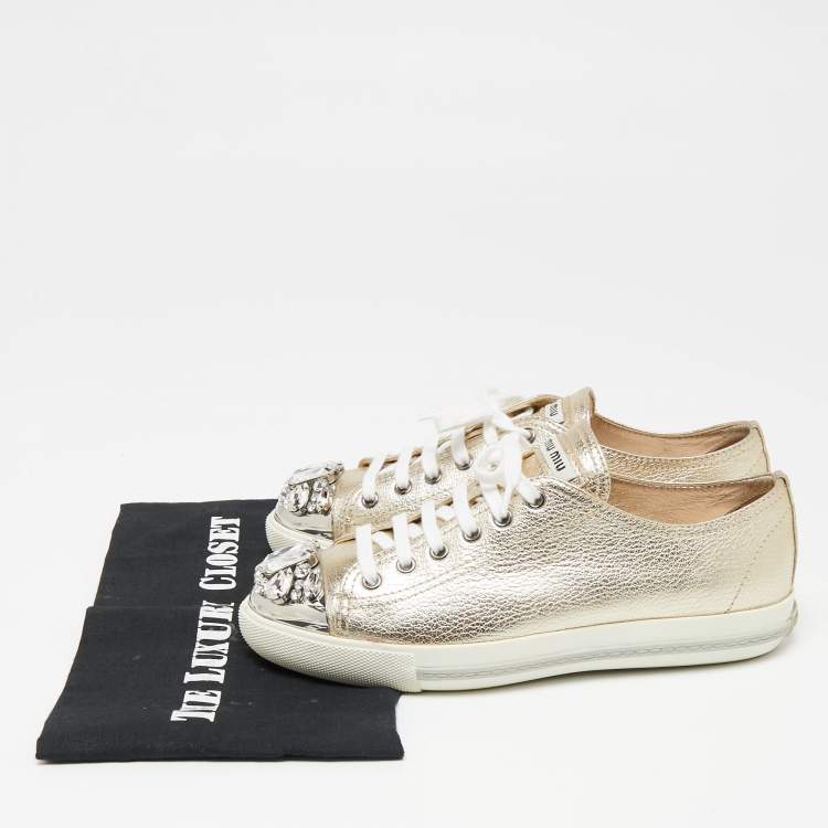Pre Owned Miu Miu Gold Leather Crystal Embellished Cap Toe Sneakers Size 38.5 