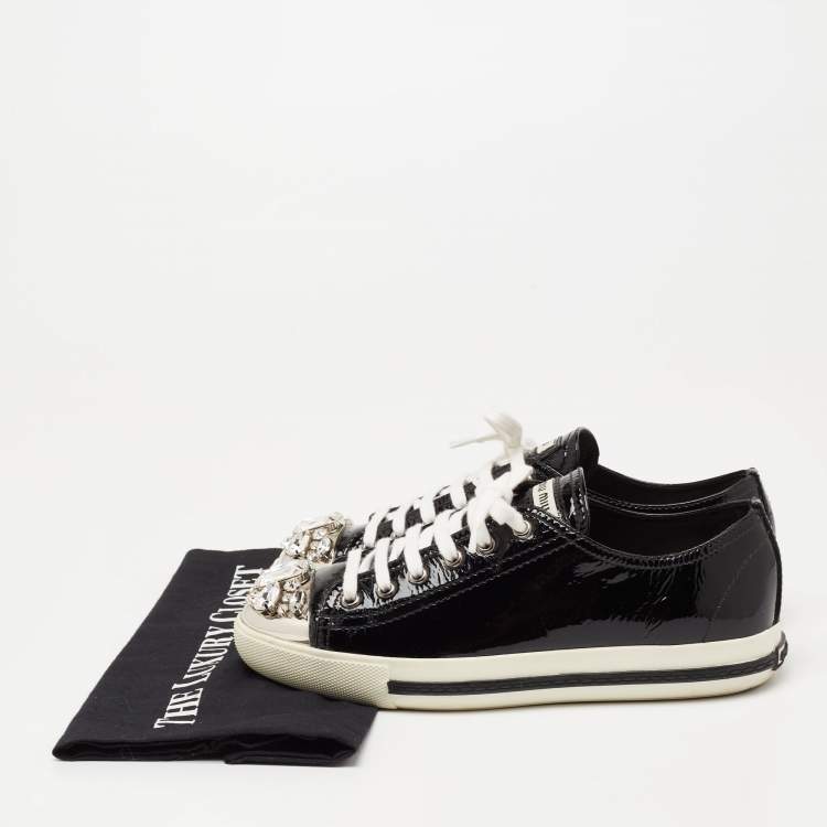 Pre Owned Miu Miu  Black Patent Leather Crystal Embellished Cap Toe Lace Up Sneakers Size 38.5