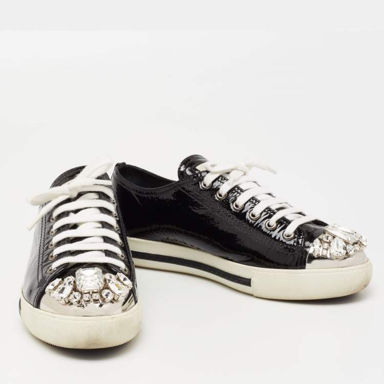 Pre Owned Miu Miu  Black Patent Leather Crystal Embellished Cap Toe Lace Up Sneakers Size 38.5