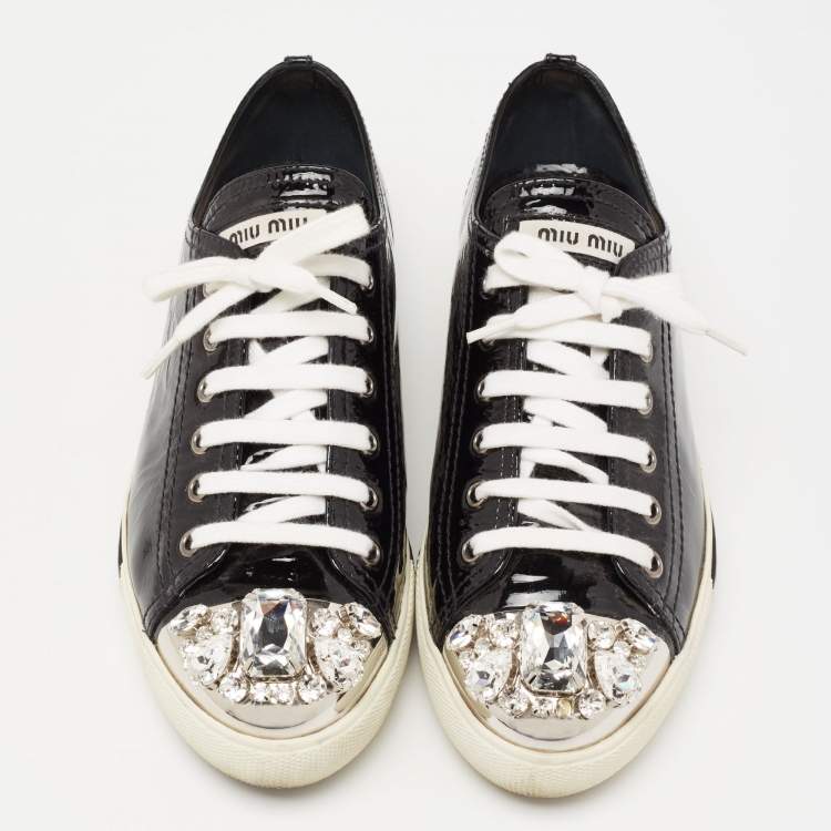 Pre Owned Miu Miu  Black Patent Leather Crystal Embellished Cap Toe Lace Up Sneakers Size 38.5