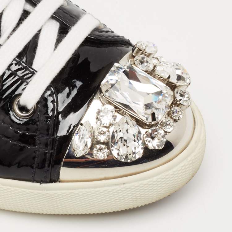 Pre Owned Miu Miu  Black Patent Leather Crystal Embellished Cap Toe Lace Up Sneakers Size 38.5