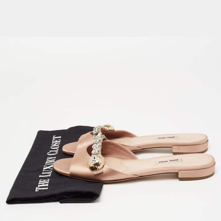 مملوكة مسبقًا Miu Miu Beige Satin Crystal Embellished  Flat Sandals Size 39.5