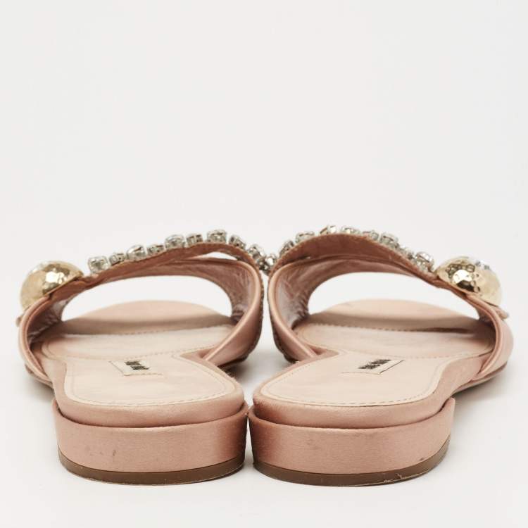 مملوكة مسبقًا Miu Miu Beige Satin Crystal Embellished  Flat Sandals Size 39.5