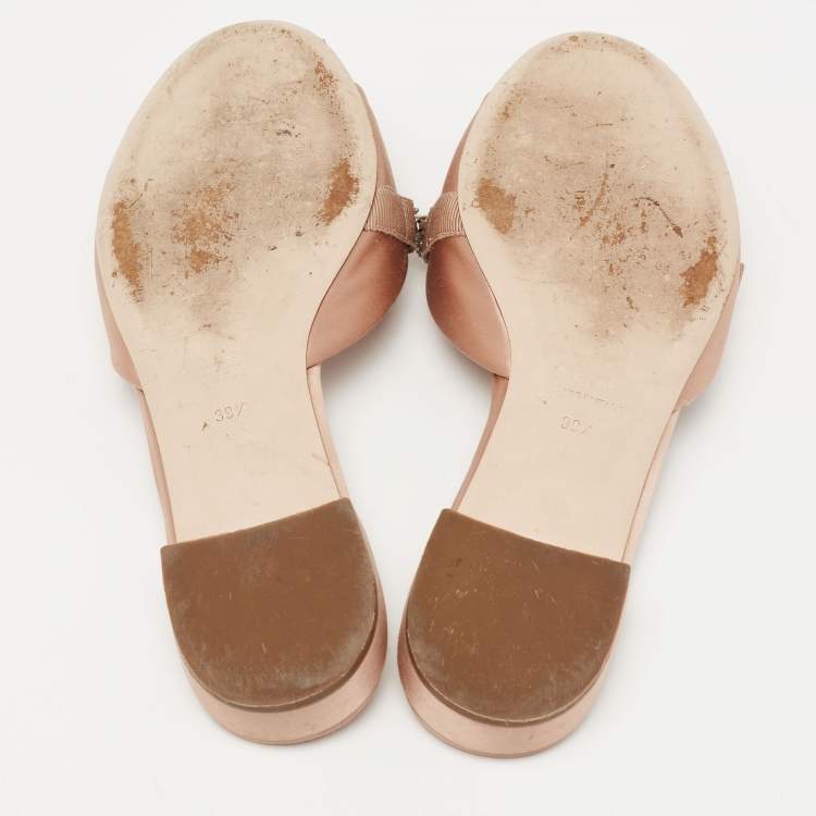 مملوكة مسبقًا Miu Miu Beige Satin Crystal Embellished  Flat Sandals Size 39.5